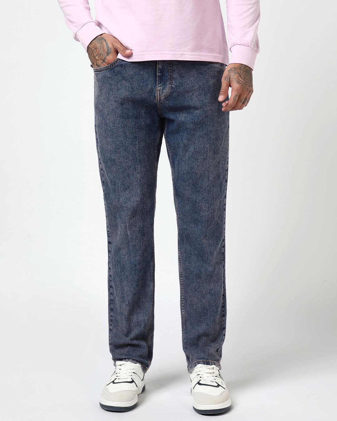 Men's Tinted Blue Washed Slim Fit Stretchable Mid Rise Jeans