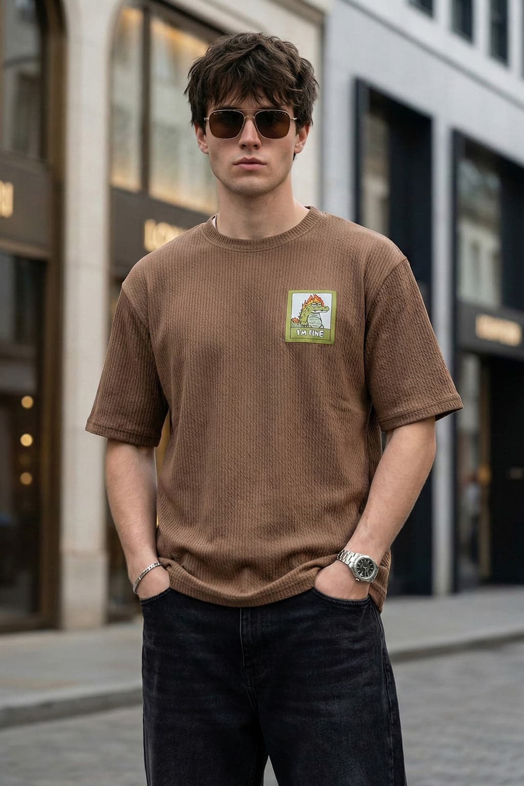 Men's Brown Casual Oversized Fit Half Sleeves Graphic Tshirt