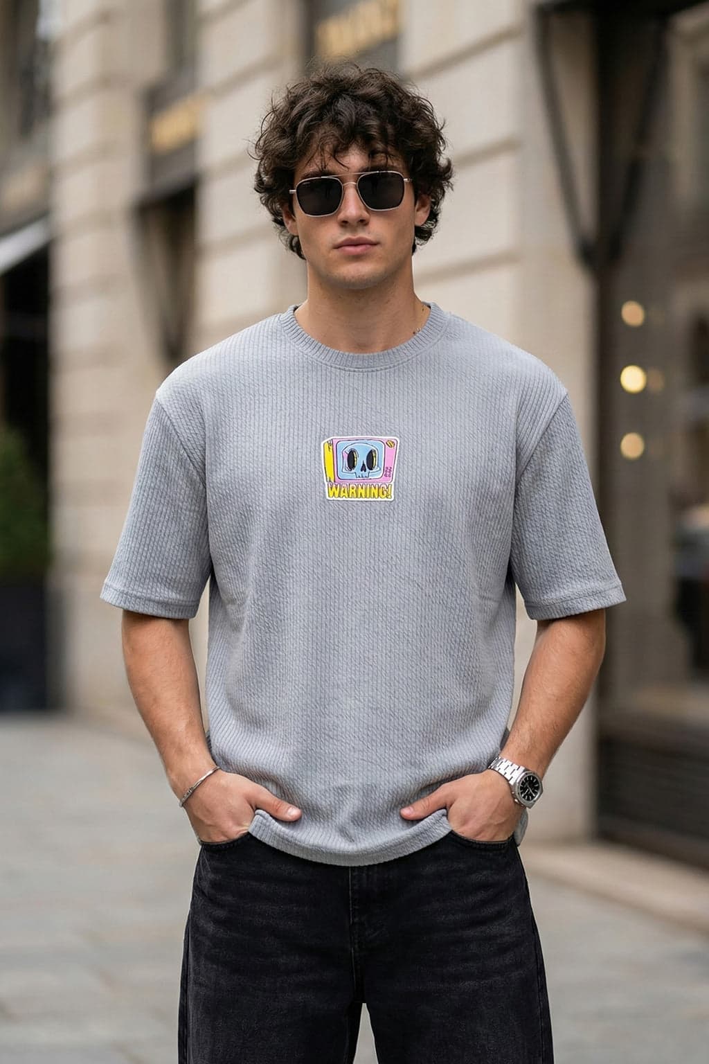 Men's Grey Casual Oversized Fit Half Sleeves Graphic Tshirt
