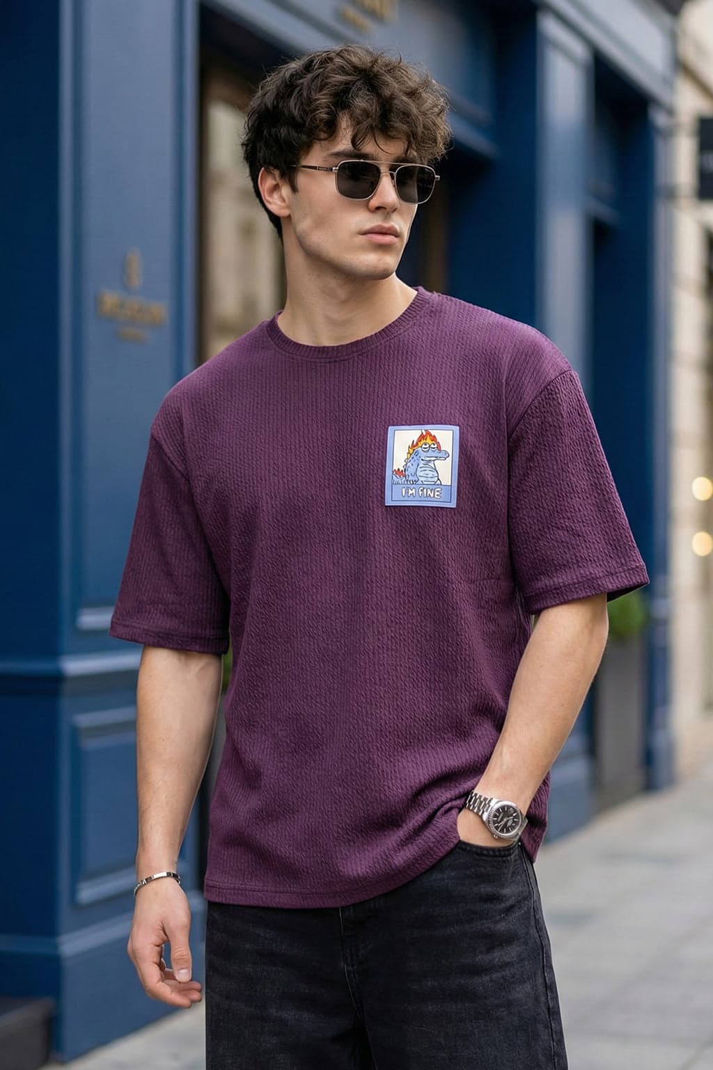 Men's Wine Casual Oversized Fit Half Sleeves Graphic Tshirt