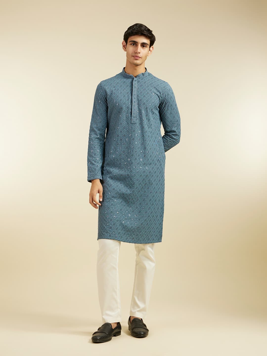 Men's Oxford Blue Chikankari Kurta with Sequins