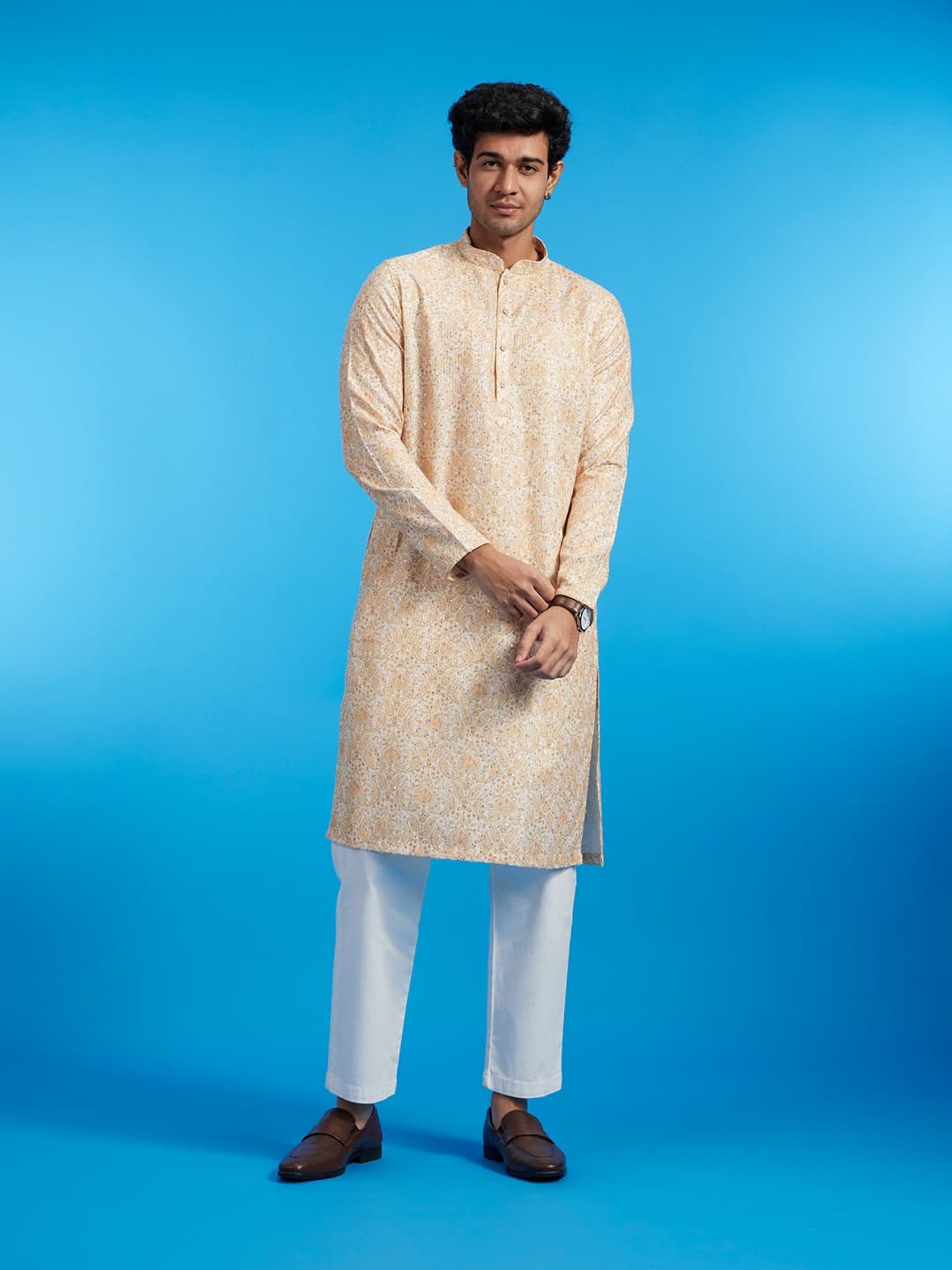 Men's Primrose Yellow Paisley Patterned Kurta with Rhinestones