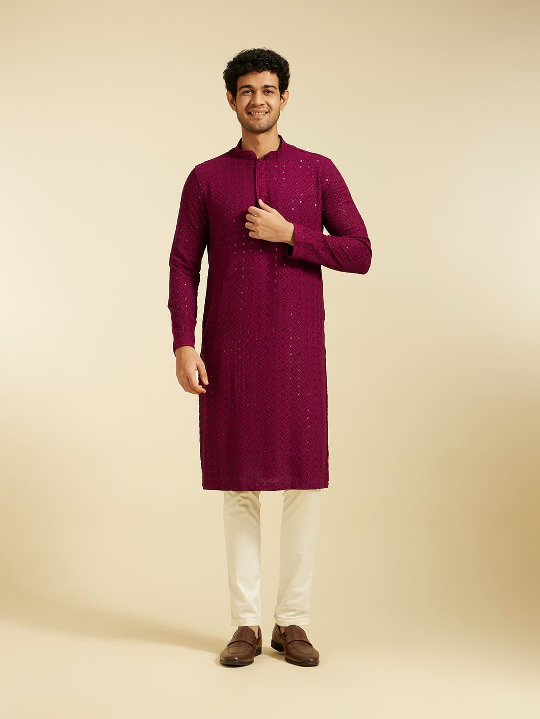 Men's Wine Red Chikankari Kurta with Sequin
