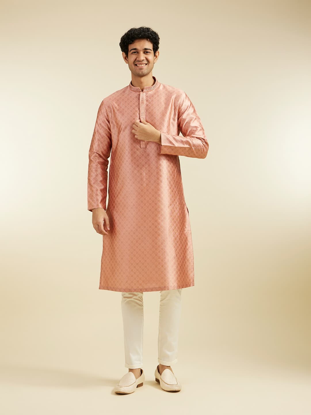 Men's Orange Blossom Lattice Patterned Kurta