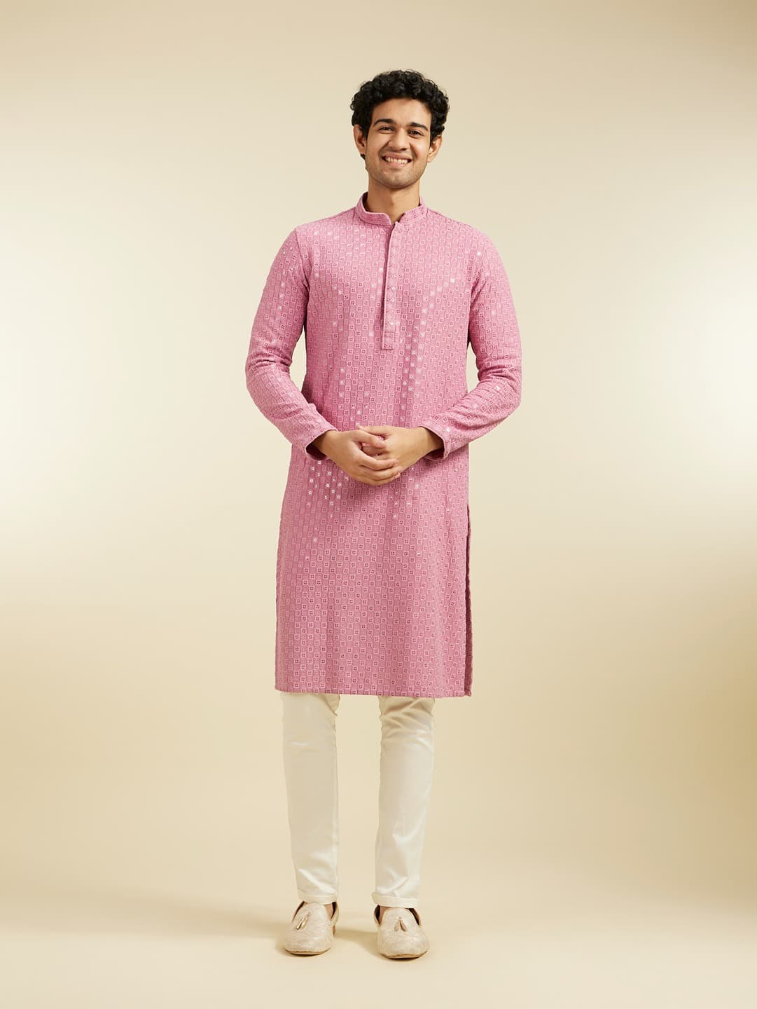 Men's Dusty Pink Chikankari Sequinned Kurta
