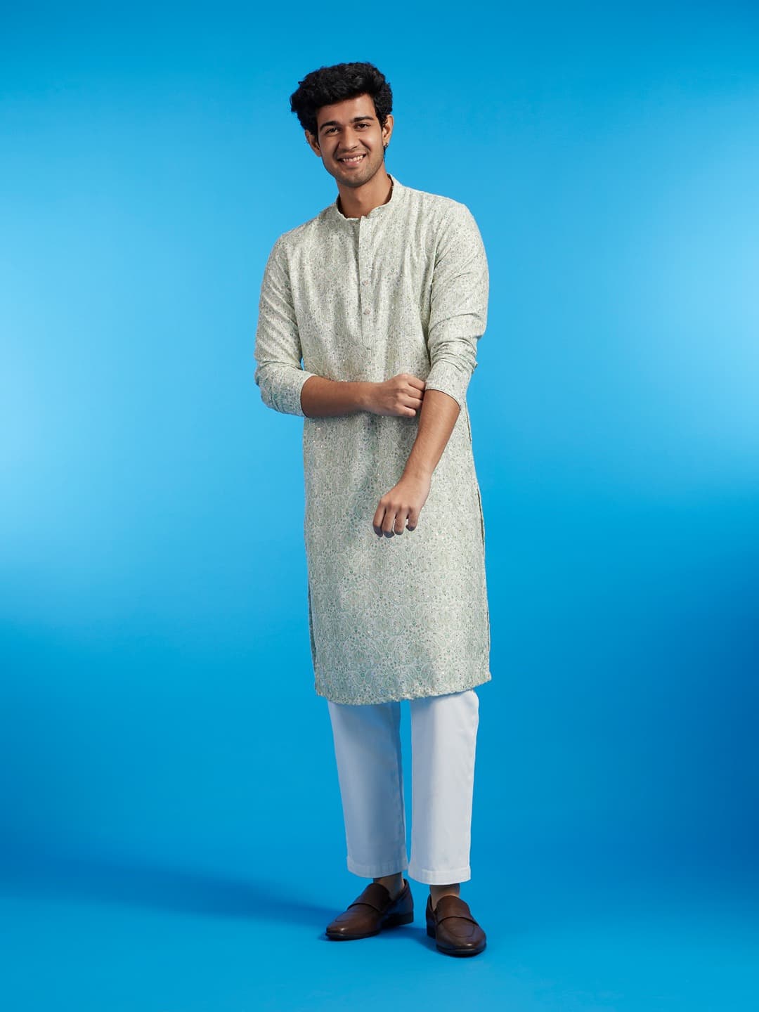 Men's Soft Green Paisley Patterned Kurta with Rhinestones