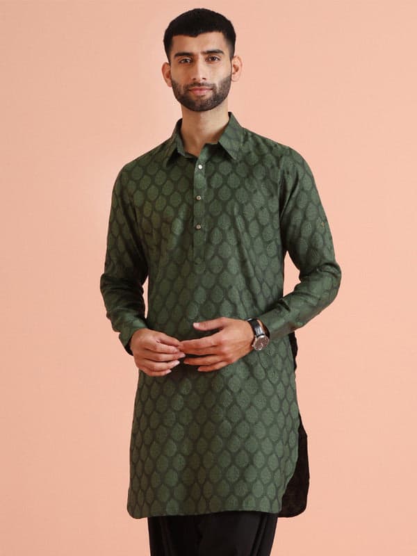 Men's Green Silk Blend Jacquard Long Festive Kurta
