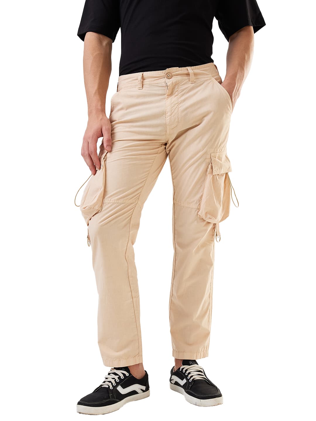 Men's Beige Casual Solid Regular Fit Cargo