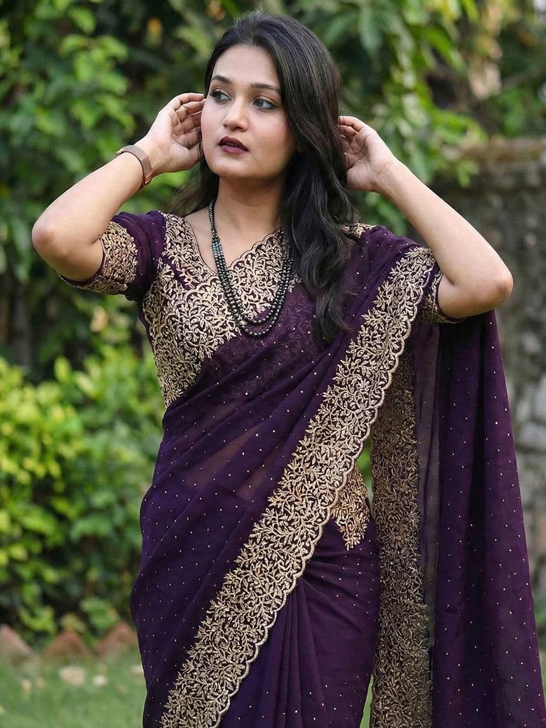 Women's Dark Purple Zari Embroidered Vichitra Silk Saree with Unstitched Blouse Piece