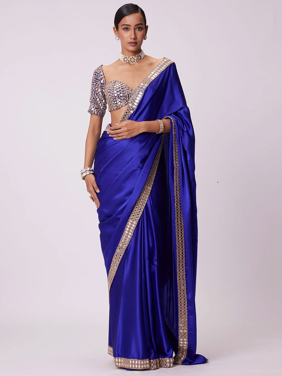 Women's Royal Blue Embellished Japan Satin Saree with Unstitched Blouse Piece