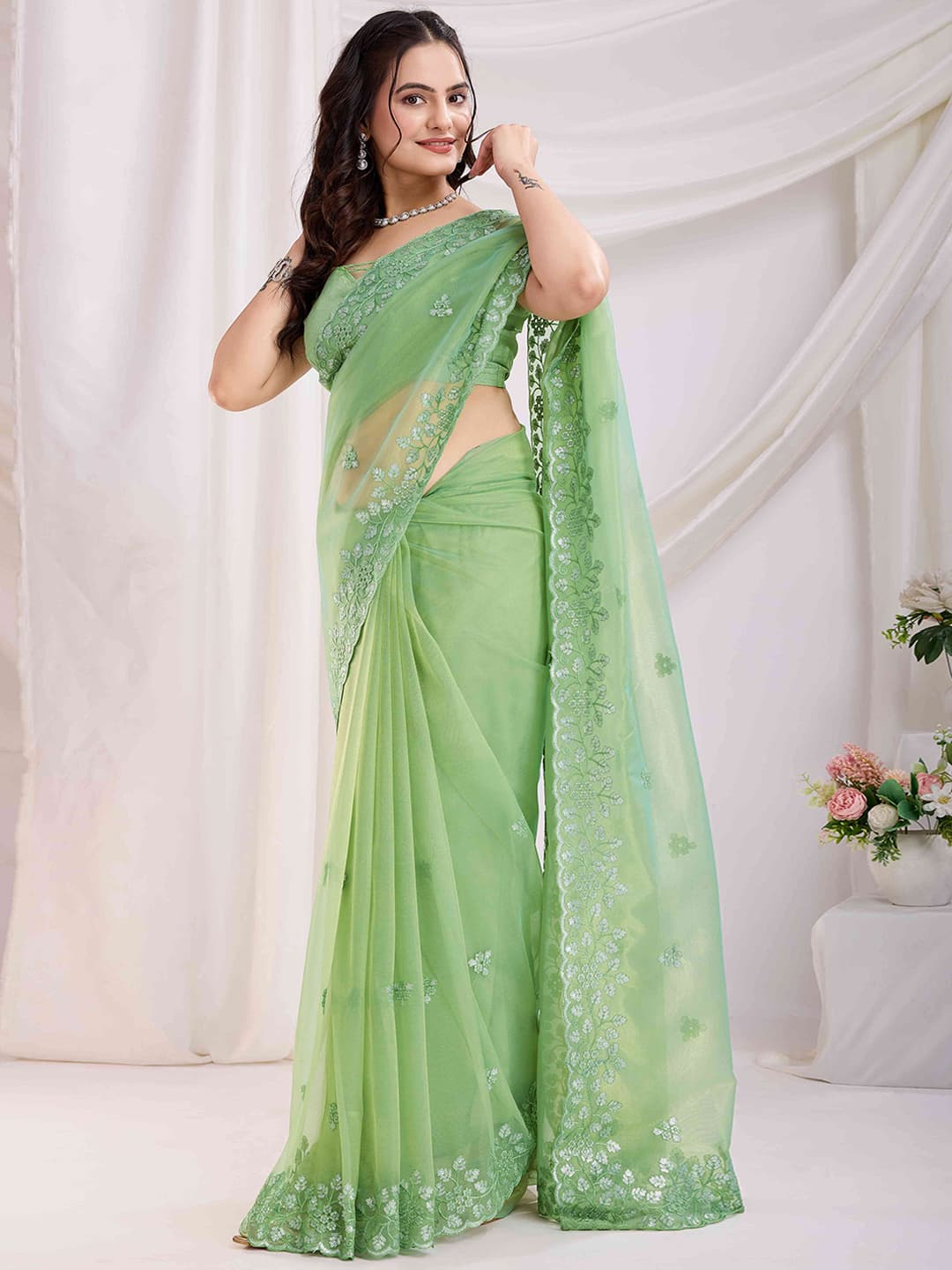 Women's Green Floral Sequins Embroidered Twill Net Saree with Unstitched Blouse Piece
