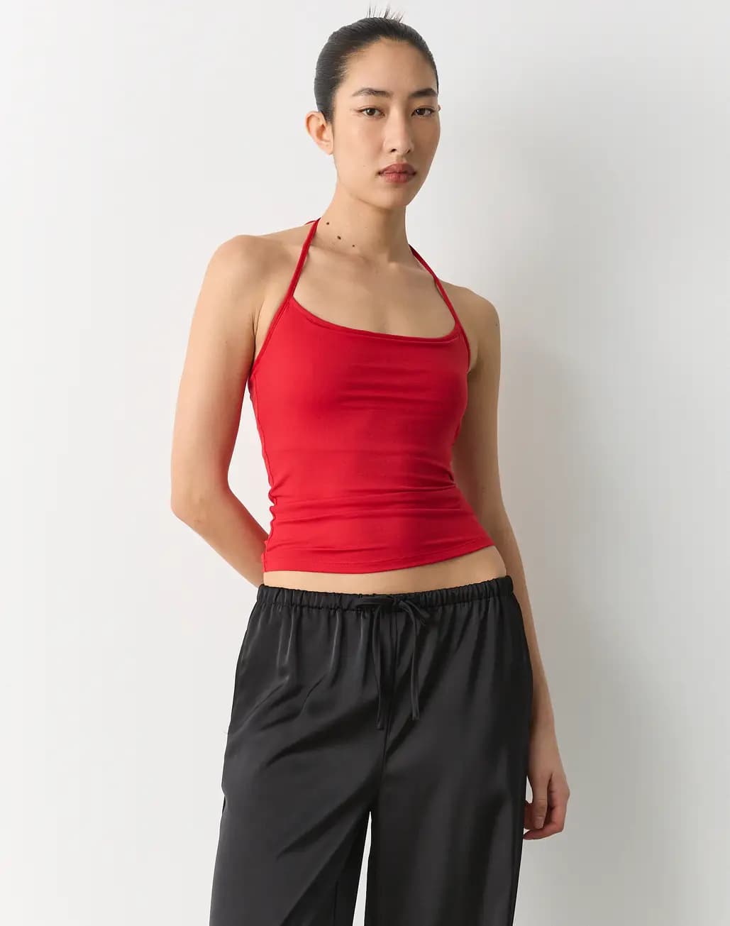 Women's Red Casual Solid Tie Halter Top