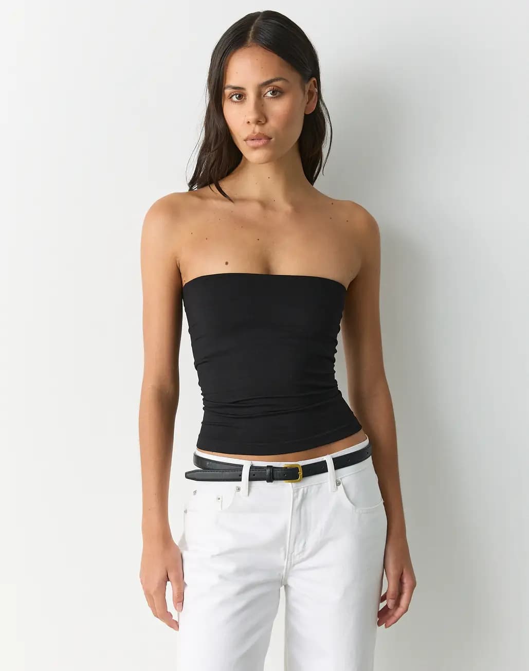 Women's Black Casual Solid Off Shoulder Seamless Strapless Top
