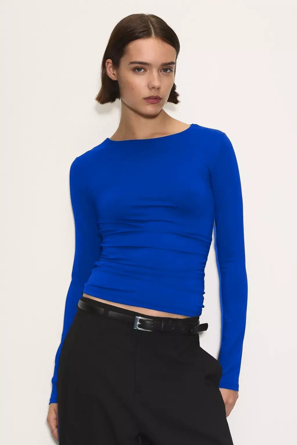 Women's Blue Casual Solid Boat Neck Top