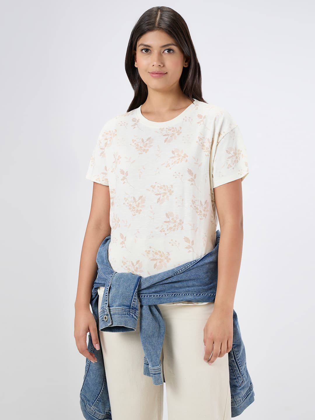 Women's White Casual Half Sleeves Floral Tshirt