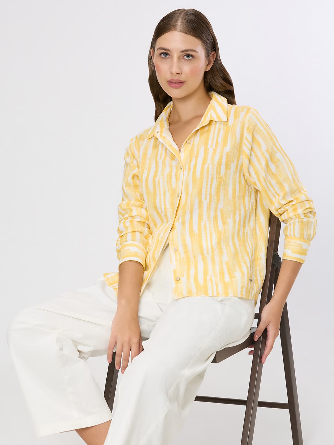 Women's Yellow Casual Full Sleeves Abstract Shirt