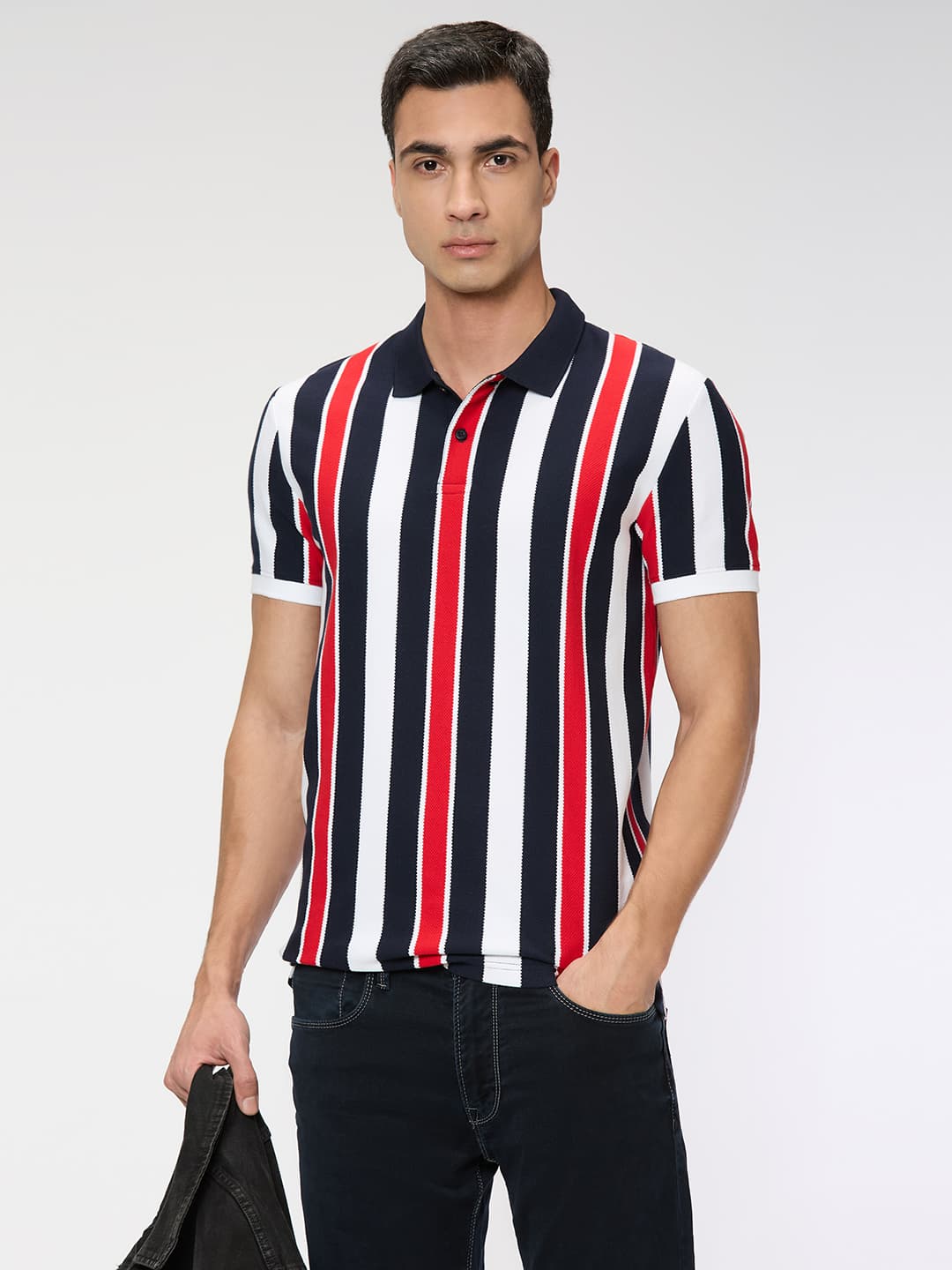 Men's Navy Casual Half Sleeves Striped Polo Tshirt