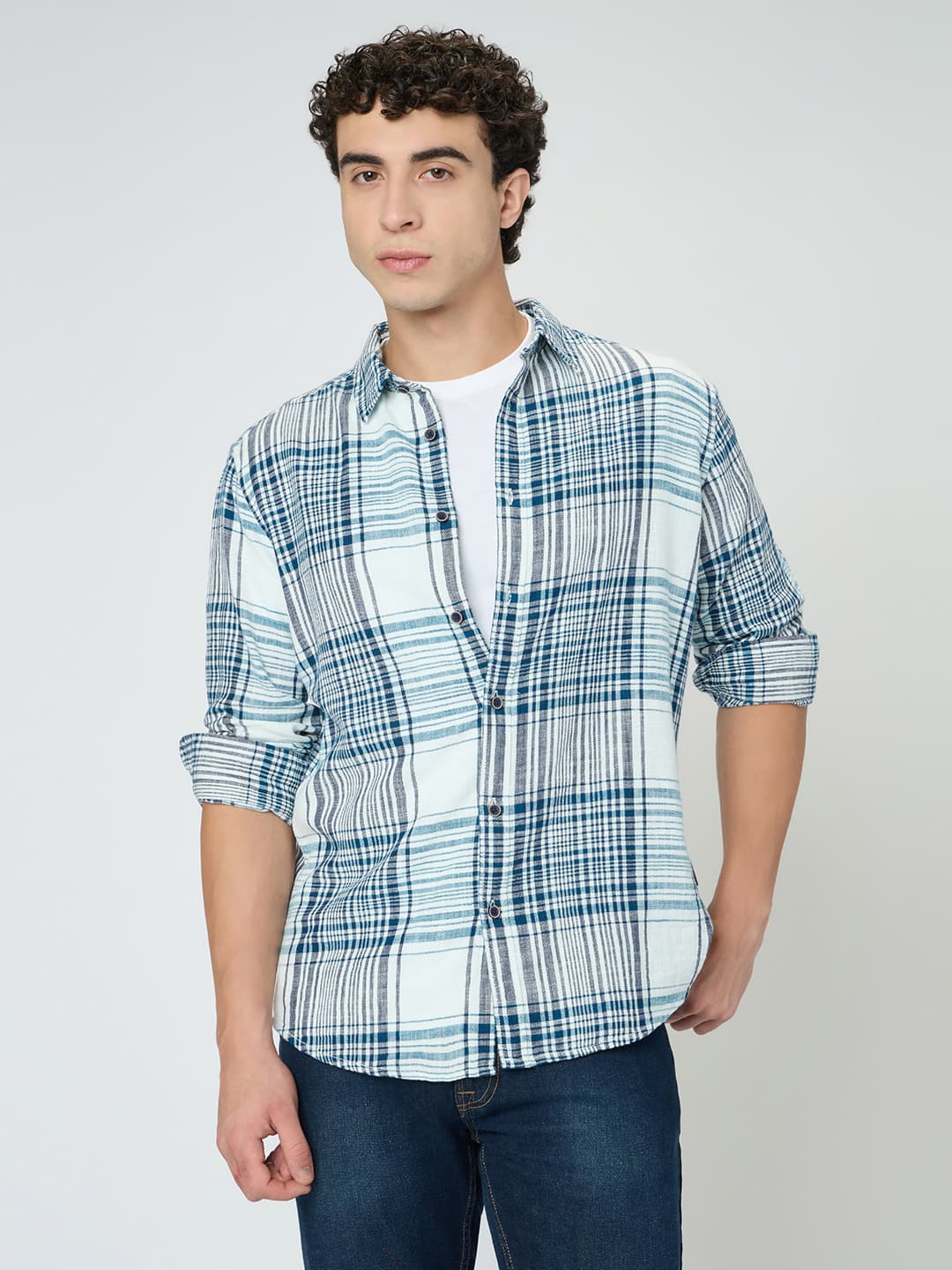 Men's Blue Casual Full Sleeves Checked Shirt