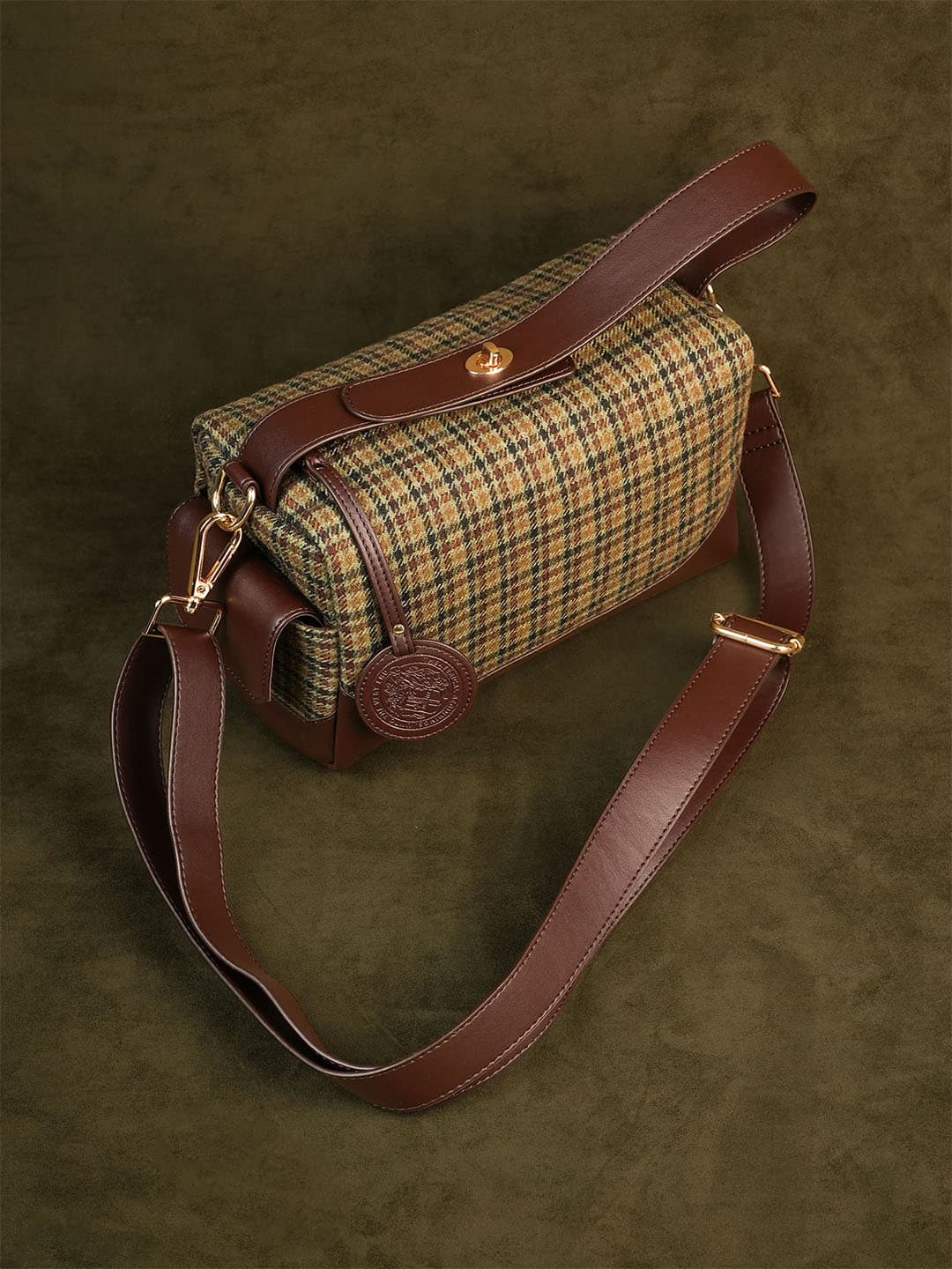 Women's Brown Casual Solid Bonbon Tweed Checked Structured Shoulder Bag