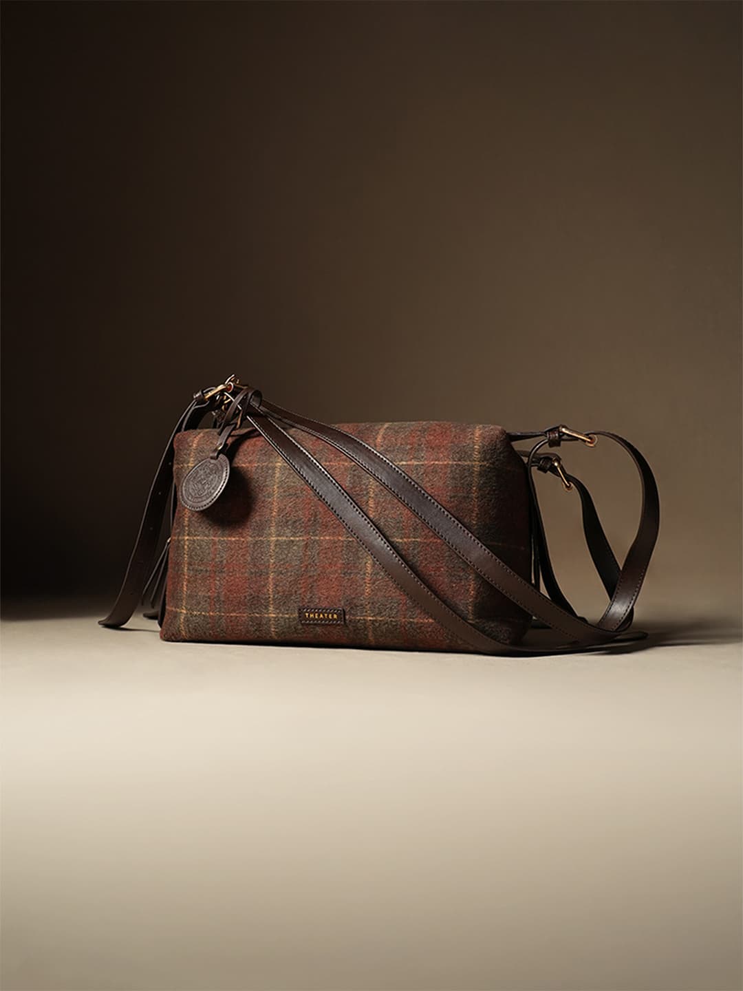 Women's Brown Casual Solid Leather Deux Tweed Checked Crossbody Bag