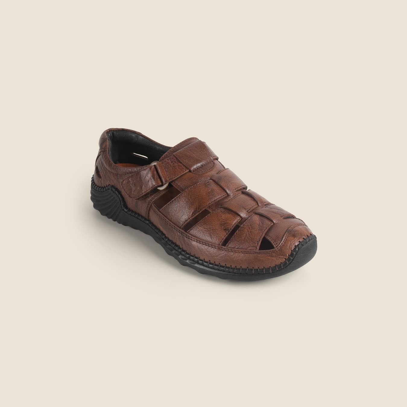 Men's Tan Casual Round Toe Leather Sandals