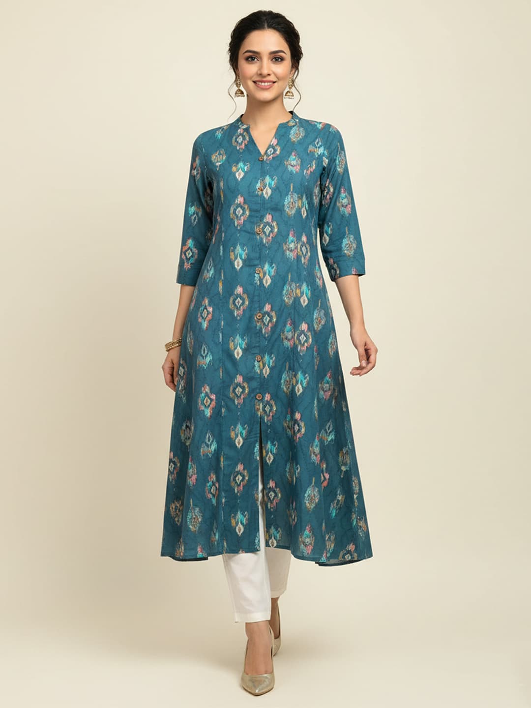 Women's Green Ikkat Printed Pure Cotton A-Line Kurti