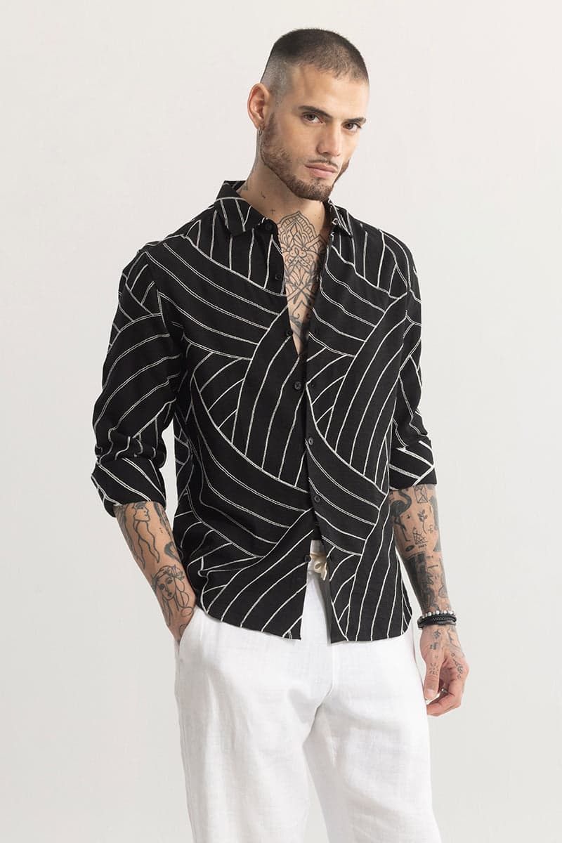 Men's Black Casual Embroidered Full Sleeves Shirt