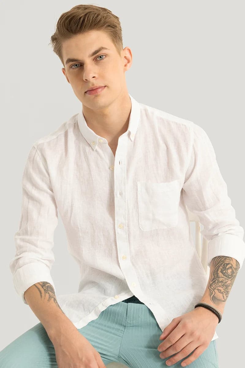 Men's White Casual Solid Linen Full Sleeves Shirt