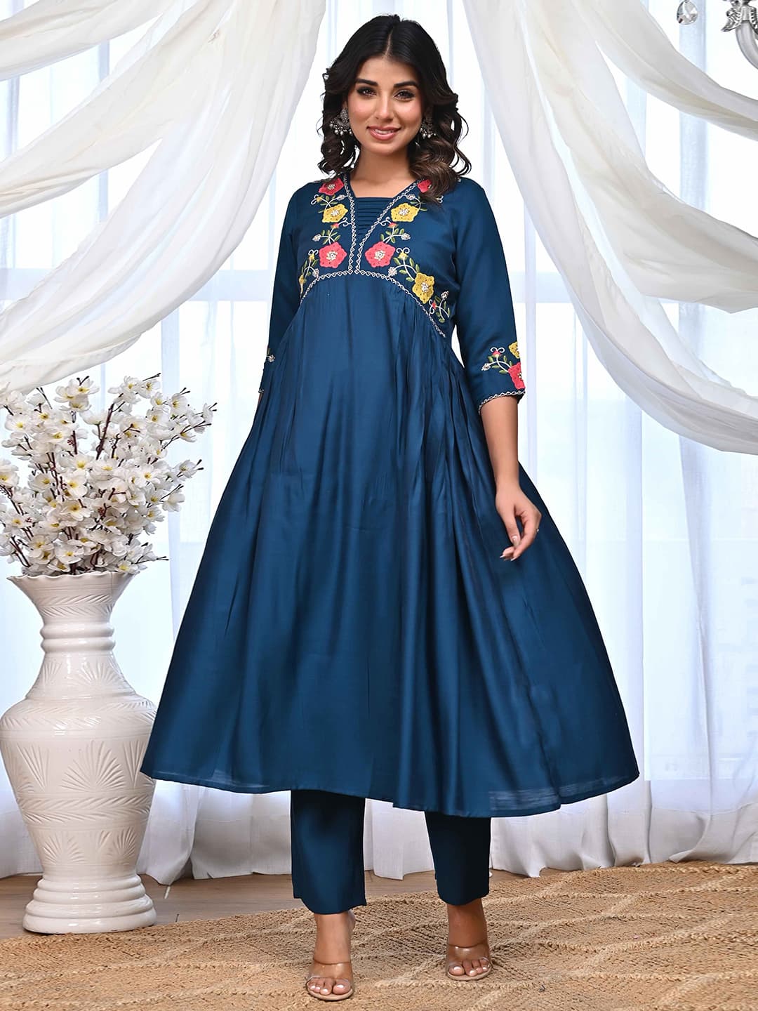 Women's Blue Festive Regular Fit Three Quarter Sleeves Salwar Suit