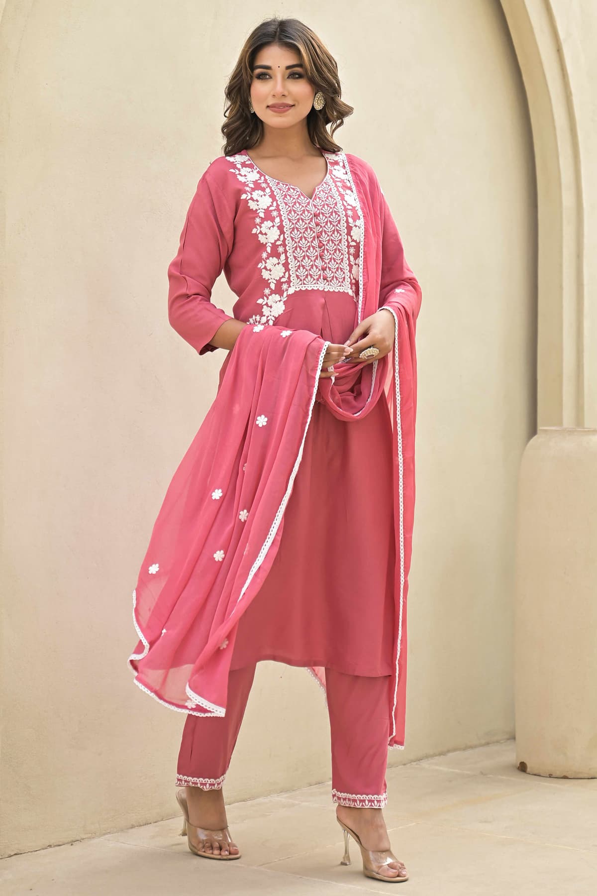 Women's Pink Festive Regular Fit Three Quarter Sleeves Salwar Suit