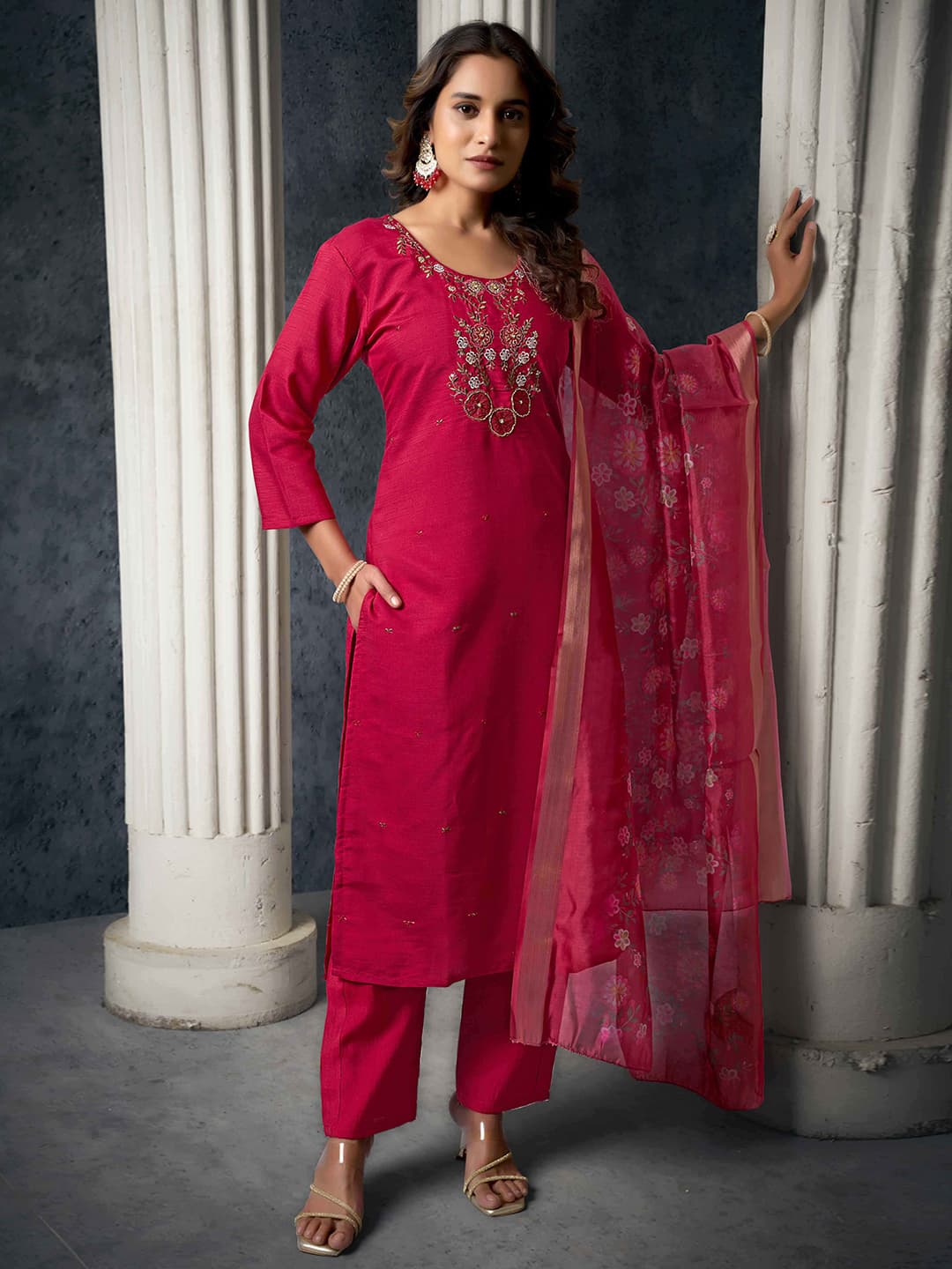 Women's Red Festive Regular Fit Three Quarter Sleeves Salwar Suit