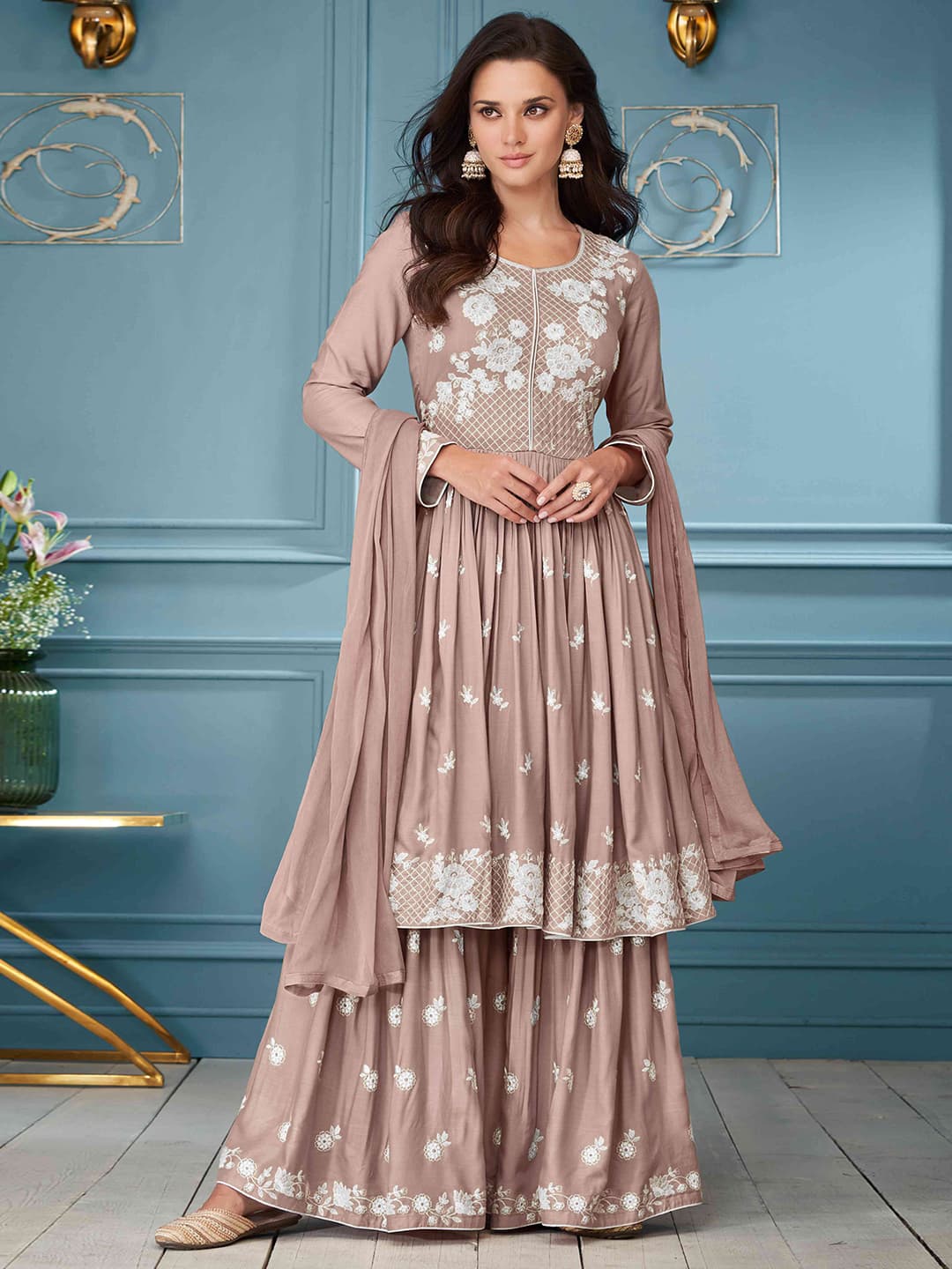 Women's Brown Festive Regular Fit Three Quarter Sleeves Salwar Suit