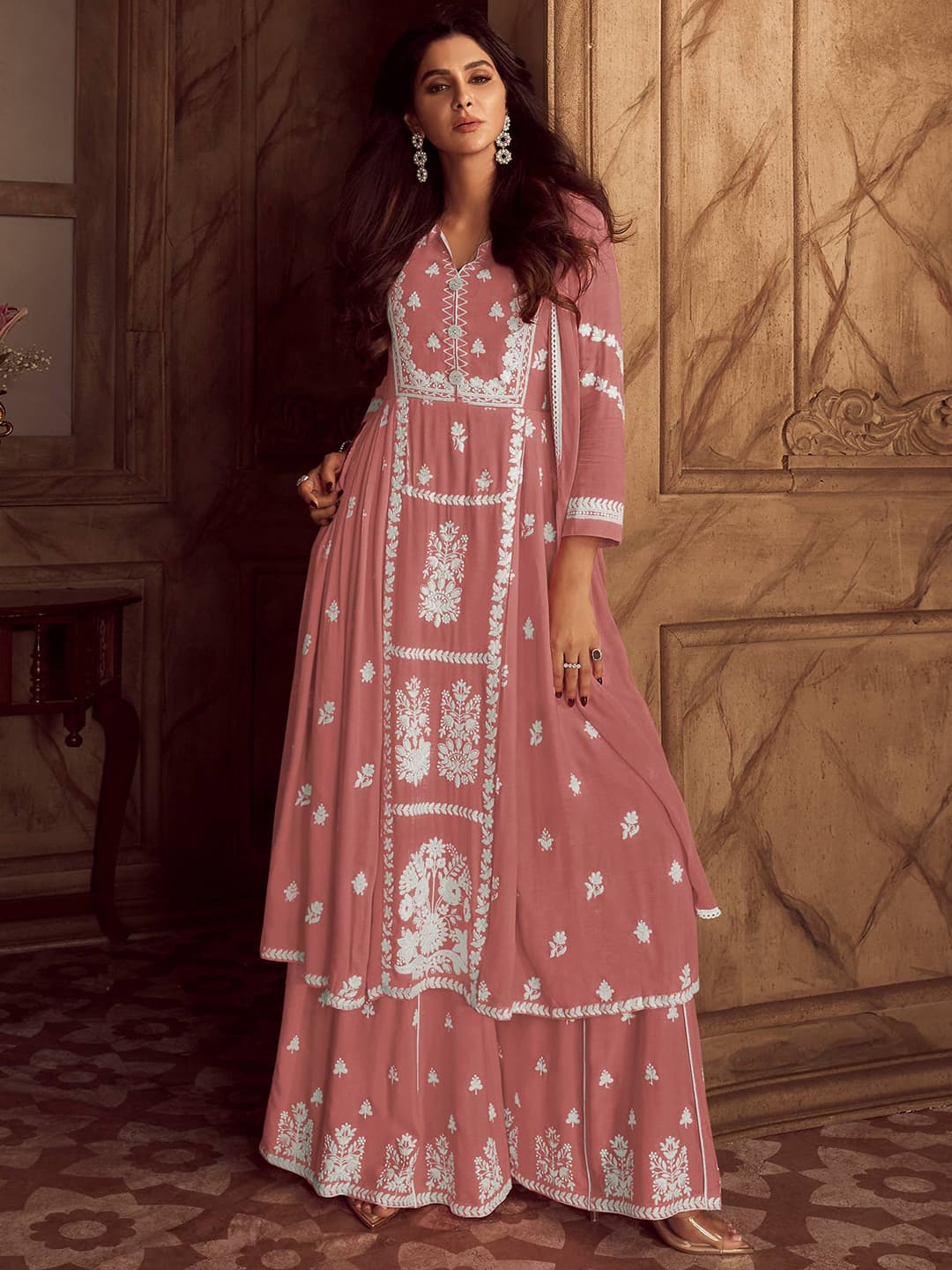 Women's Pink Festive Regular Fit Three Quarter Sleeves Salwar Suit