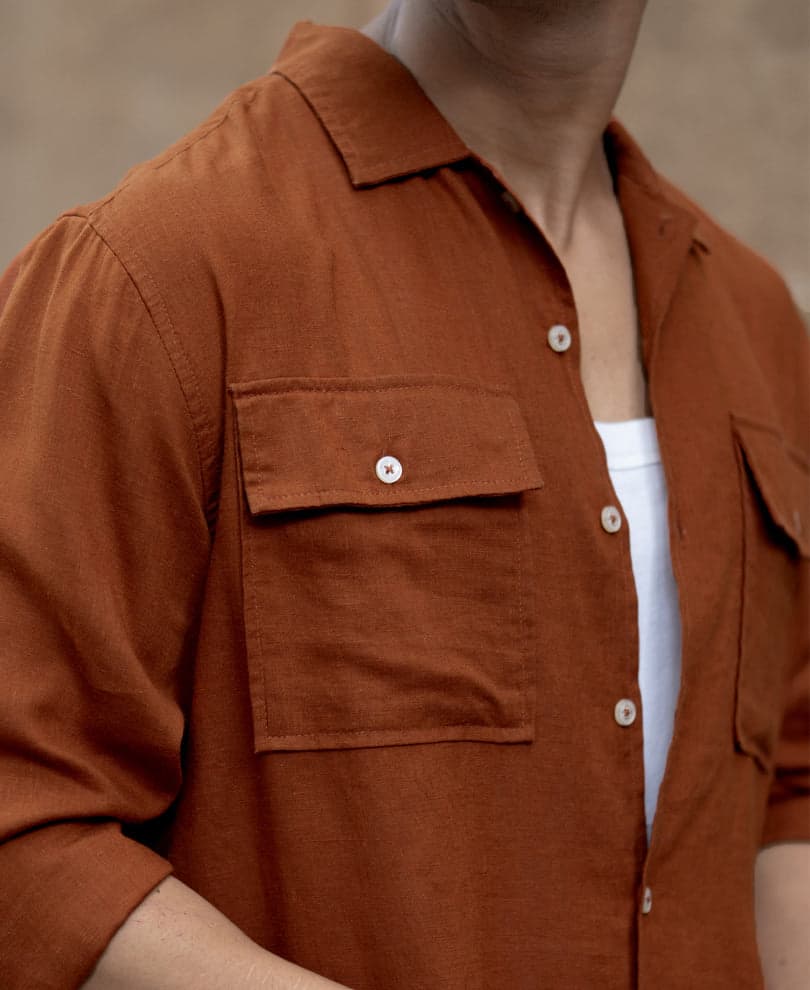 Men's Orange Casual Full Sleeves Solid Linen Blend Shirt