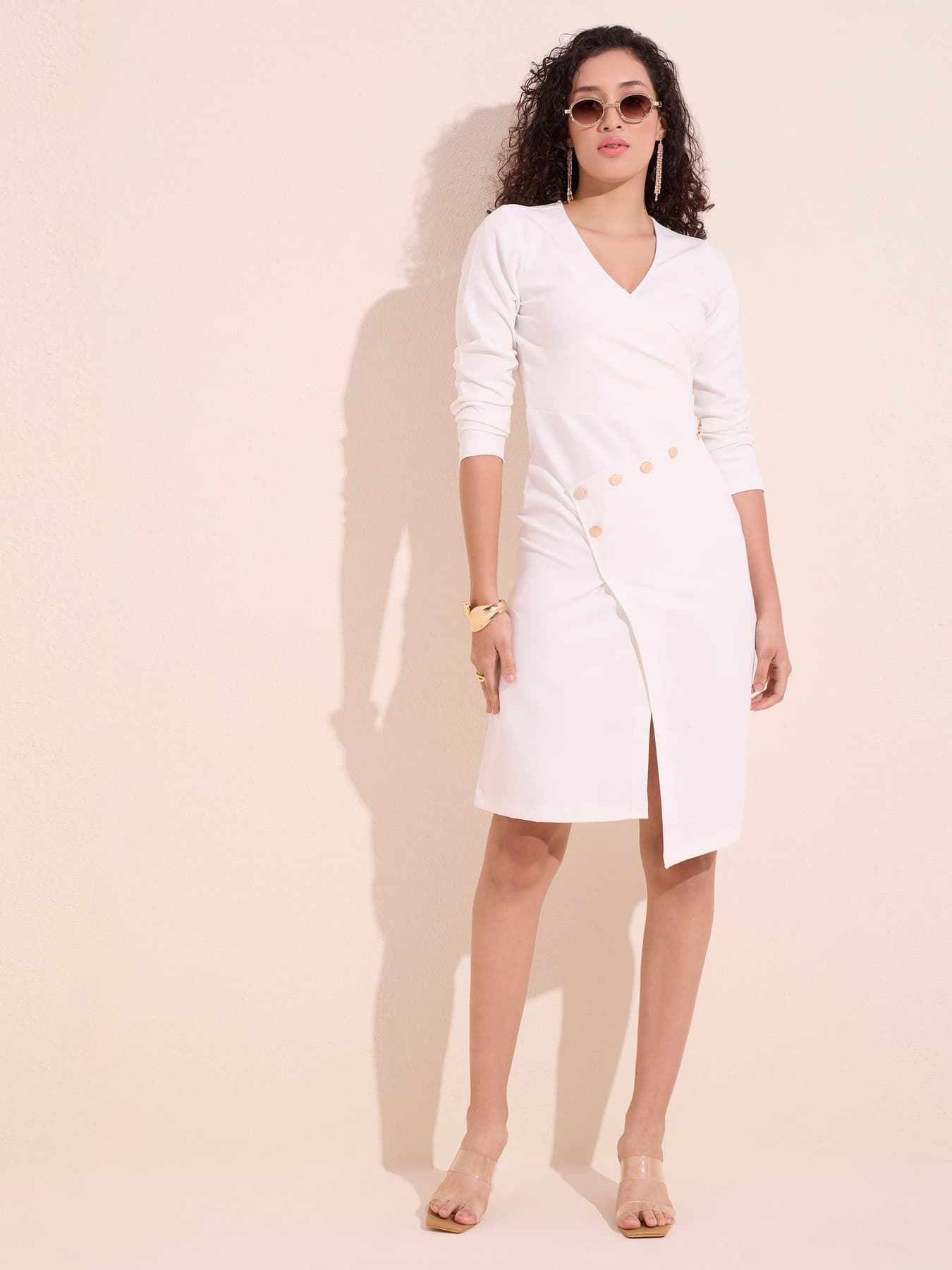 Women's White Casual Full Sleeves Bodycon Cleo Buttoned Dress