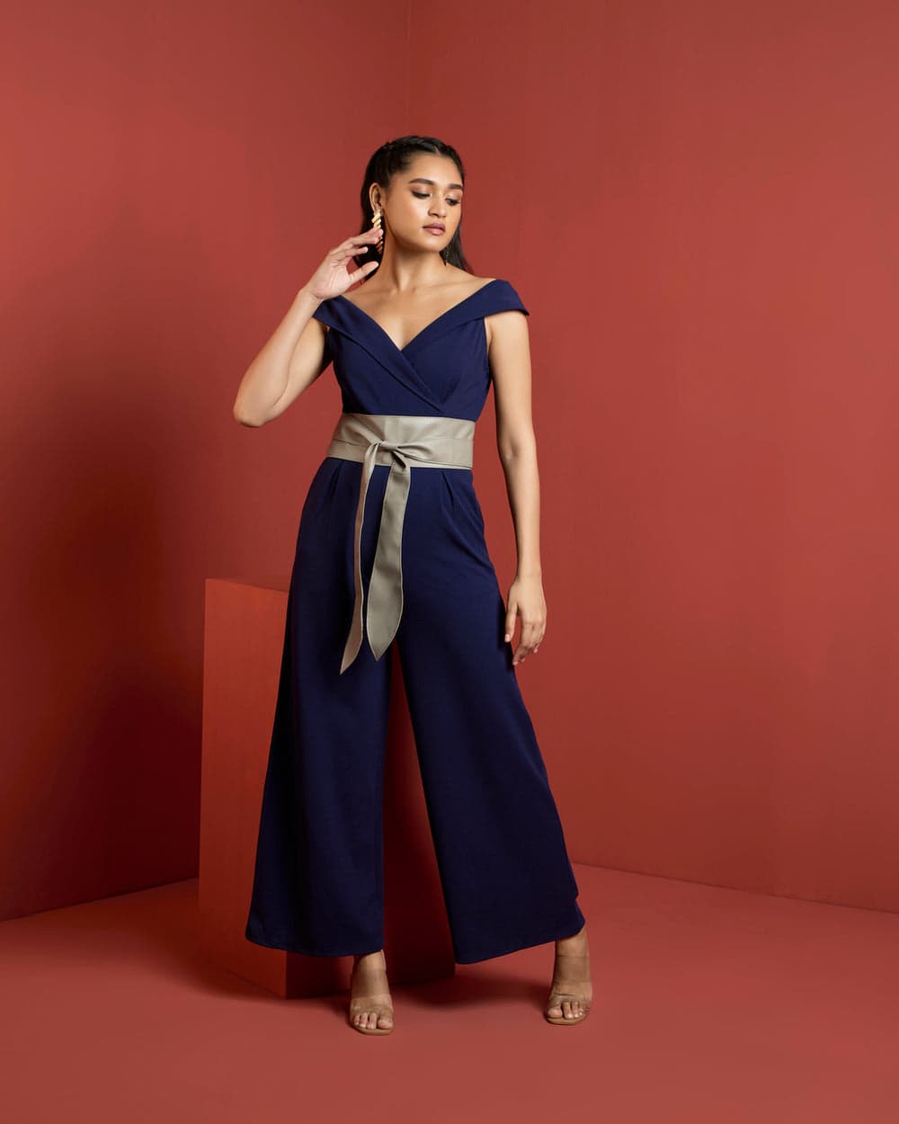 Women's Navy Casual Sleeveless Marthy Off- Shoulder Jumpsuit