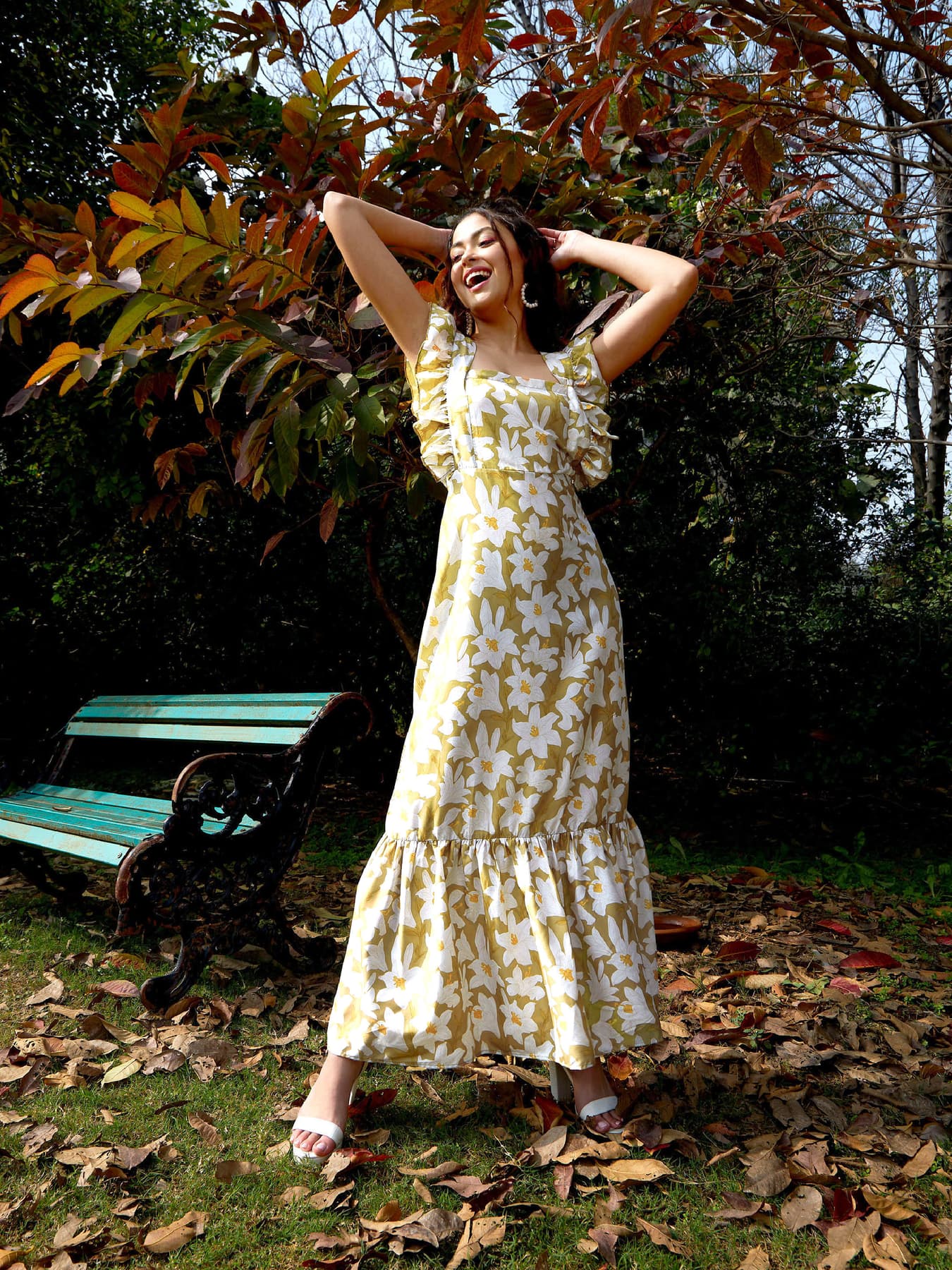 Women's Green Casual Floral Square Neck Maxi Dress