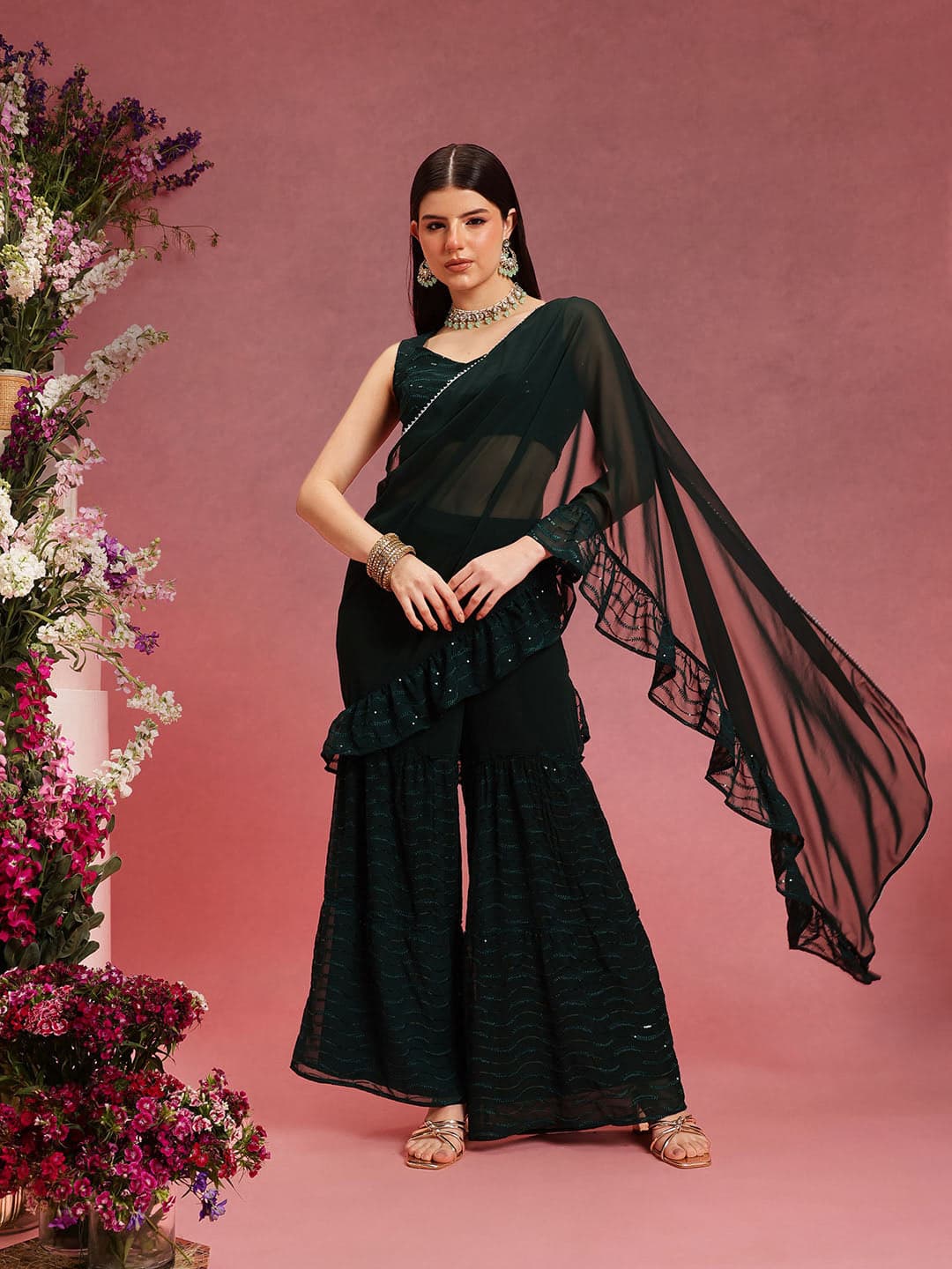 Women's Green Casual Sleeveless Pre-Drapped Saree Inspired Sharara Set