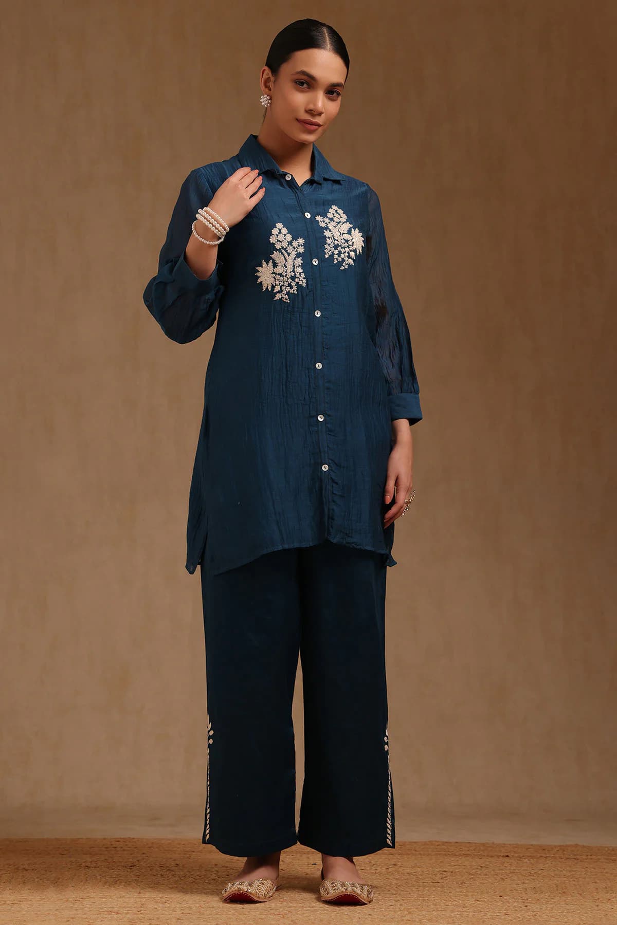 Women's Blue Chanderi Embroidered Co-Ord Set with Thread Work