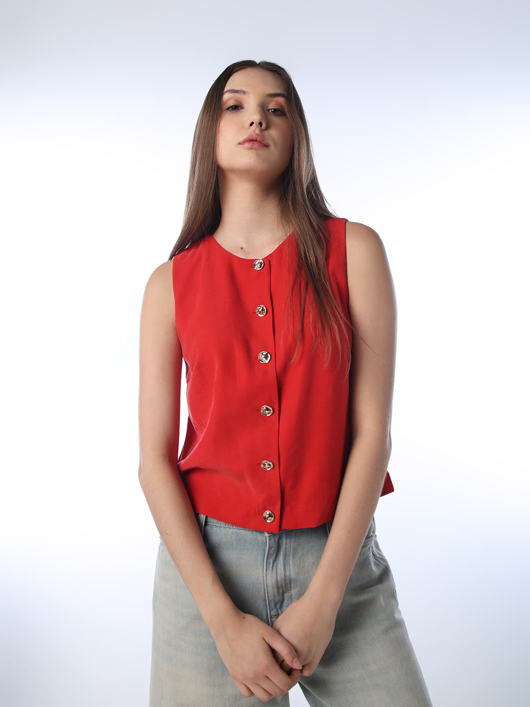 Women's Red Casual Solid Sleeveless Top