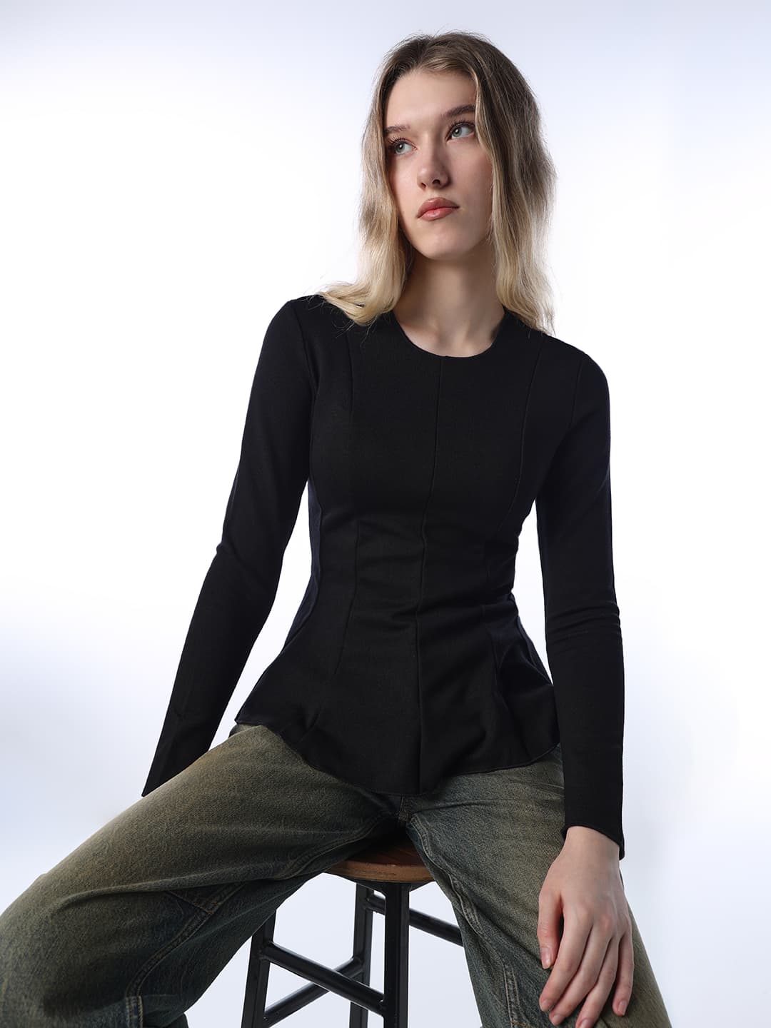 Women's Black Casual Solid Full Sleeves Top