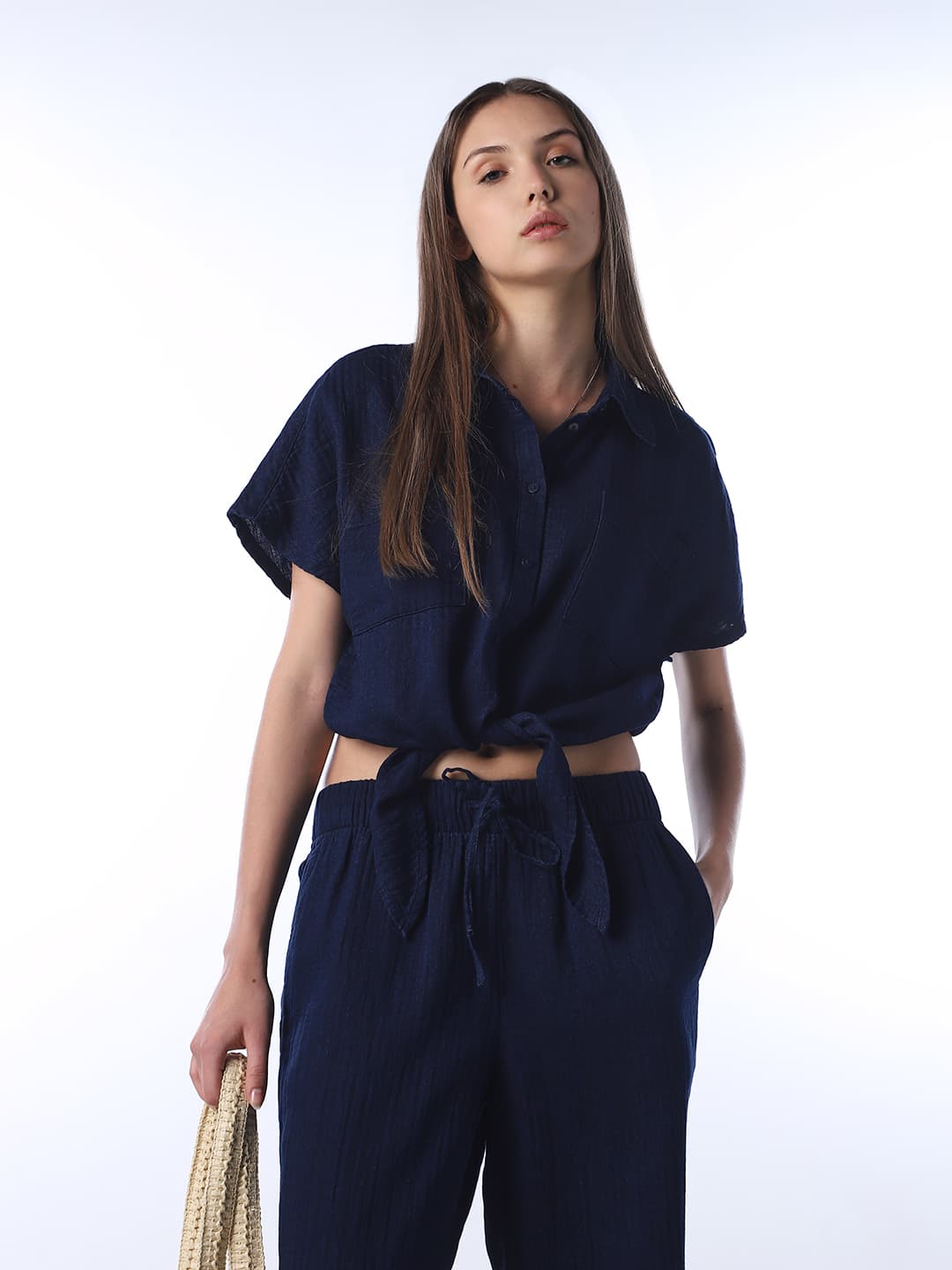 Women's Navy Casual Solid Half Sleeves Shirt