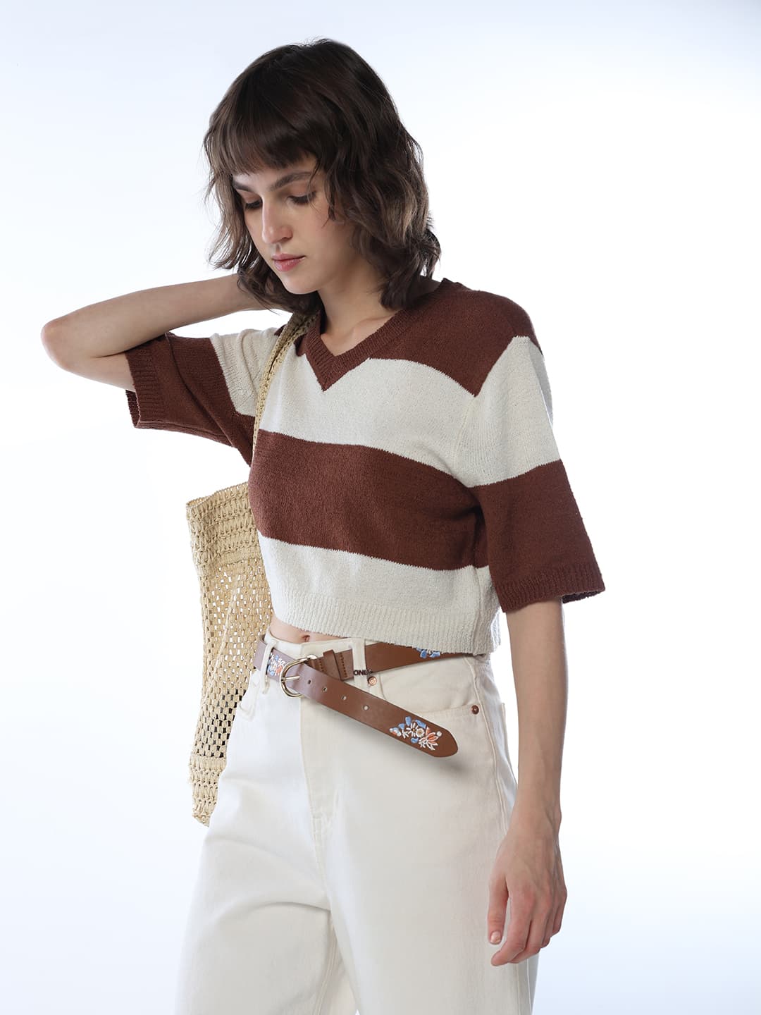 Women's Brown Casual Colorblocked Half Sleeves Tshirt