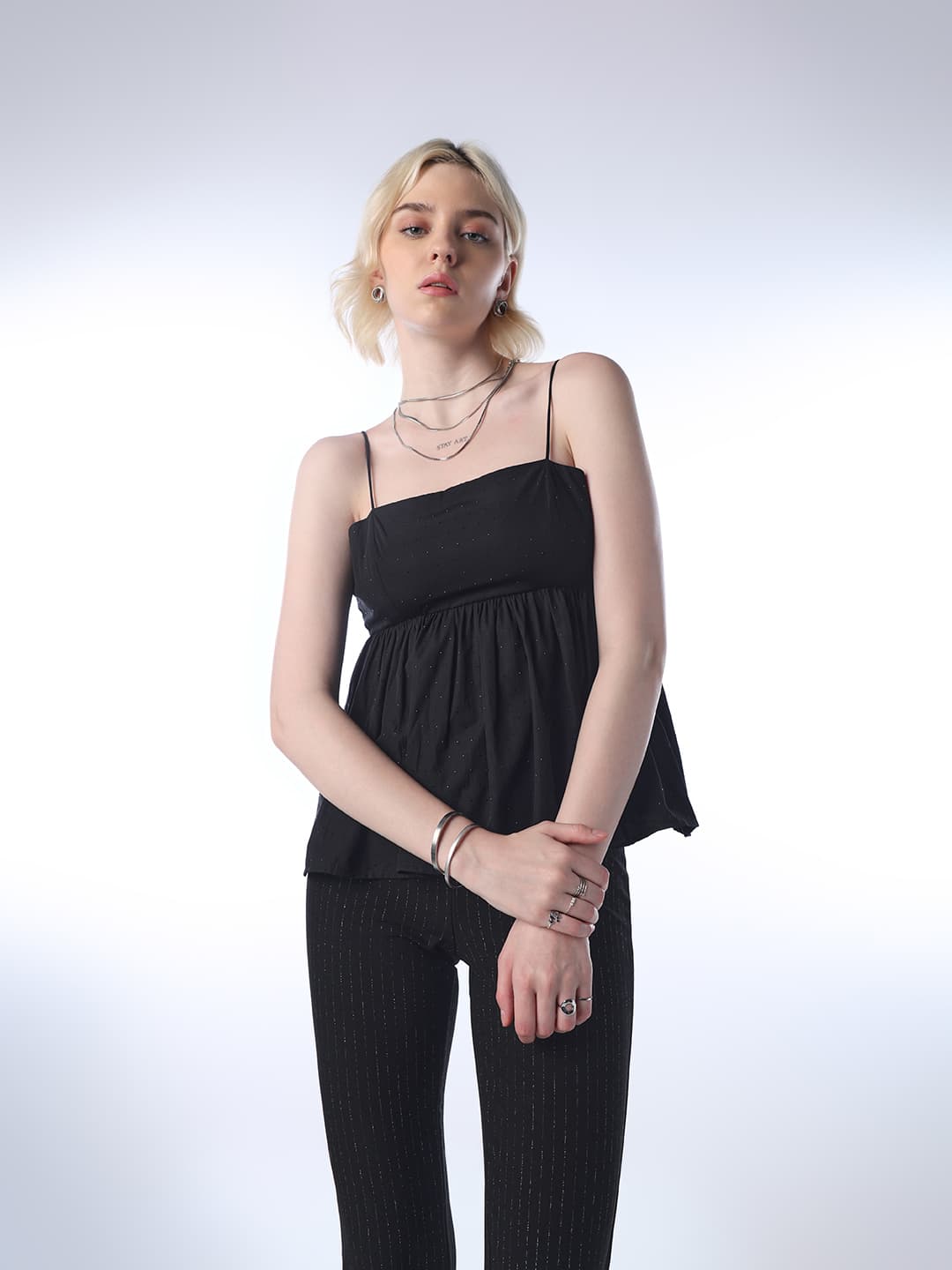 Women's Black Party Self Design Sleeveless Top
