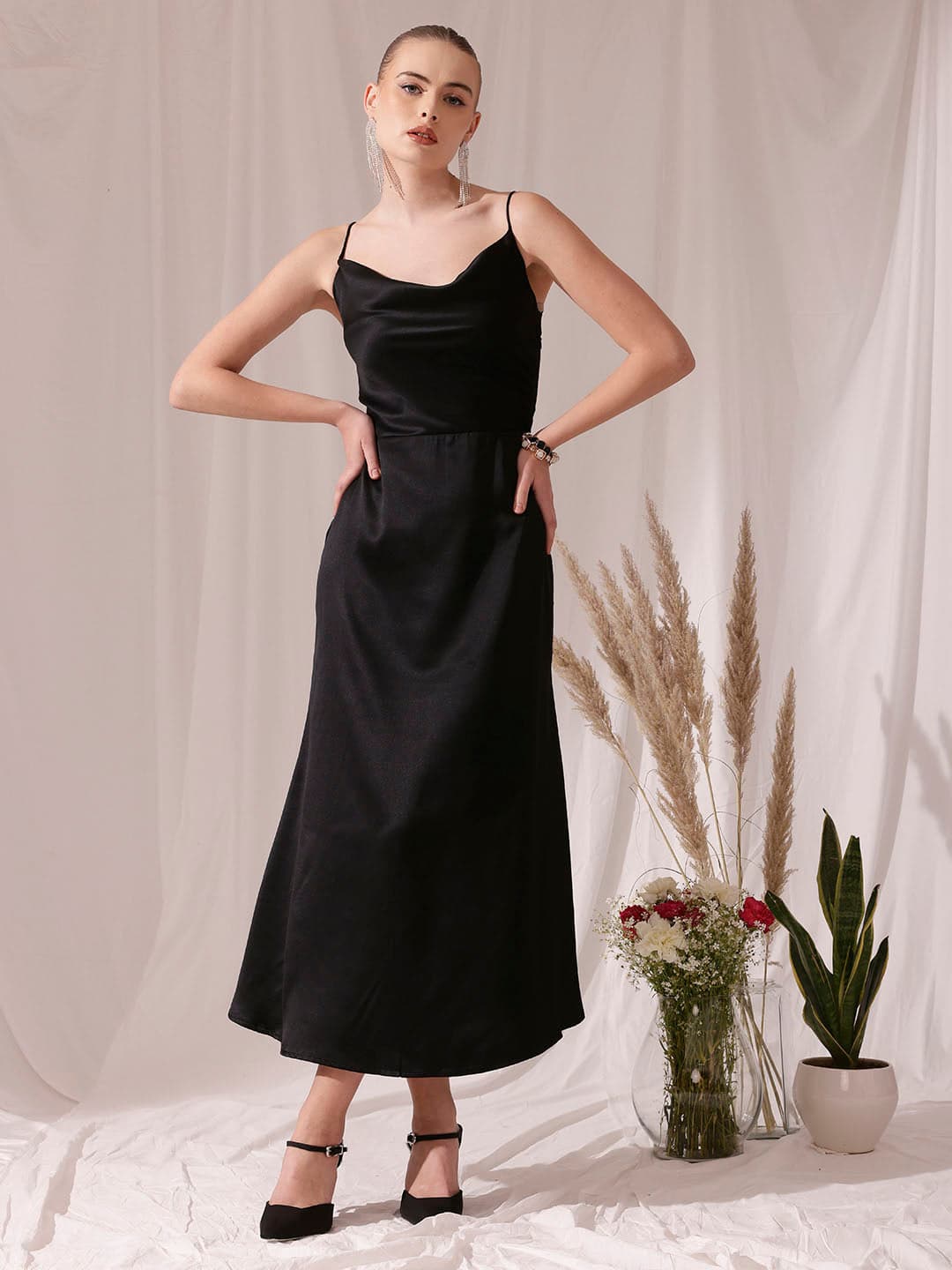 Women's Black Casual Solid Maxi Length A-Line Dress