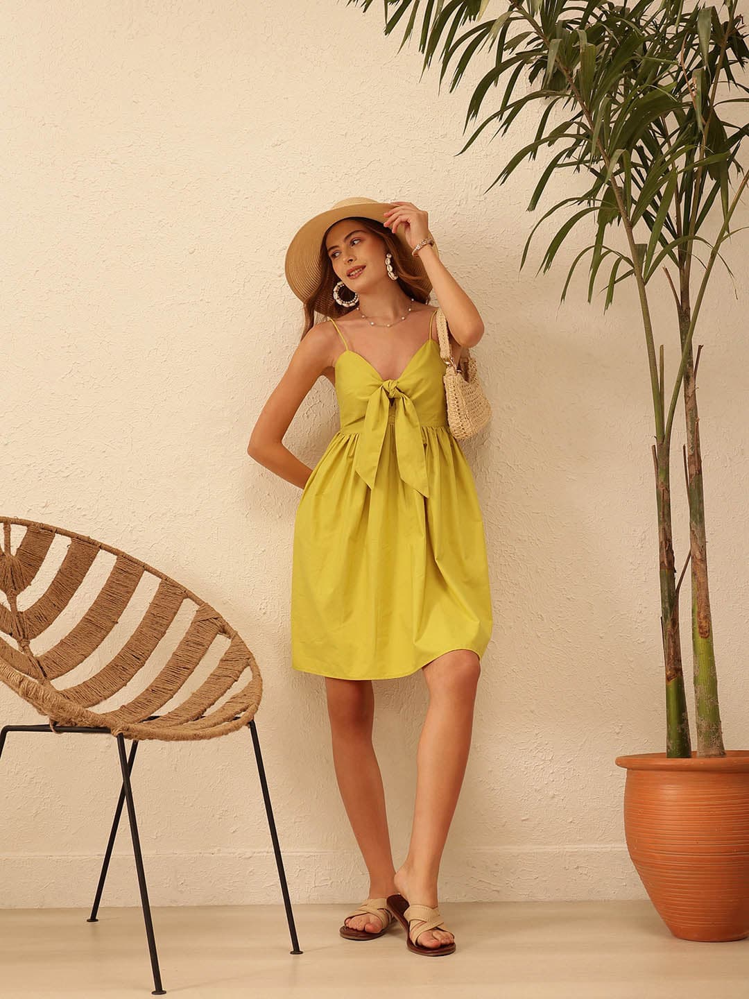 Women's Yellow Casual Solid Above Knee Fit & Flared Dress