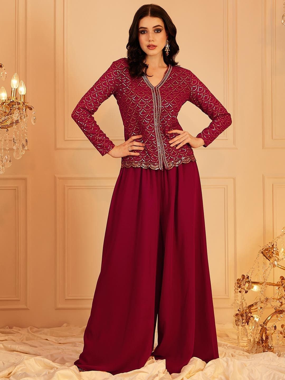 Women's Red Embordered Top With Pallazo Co-ords Set