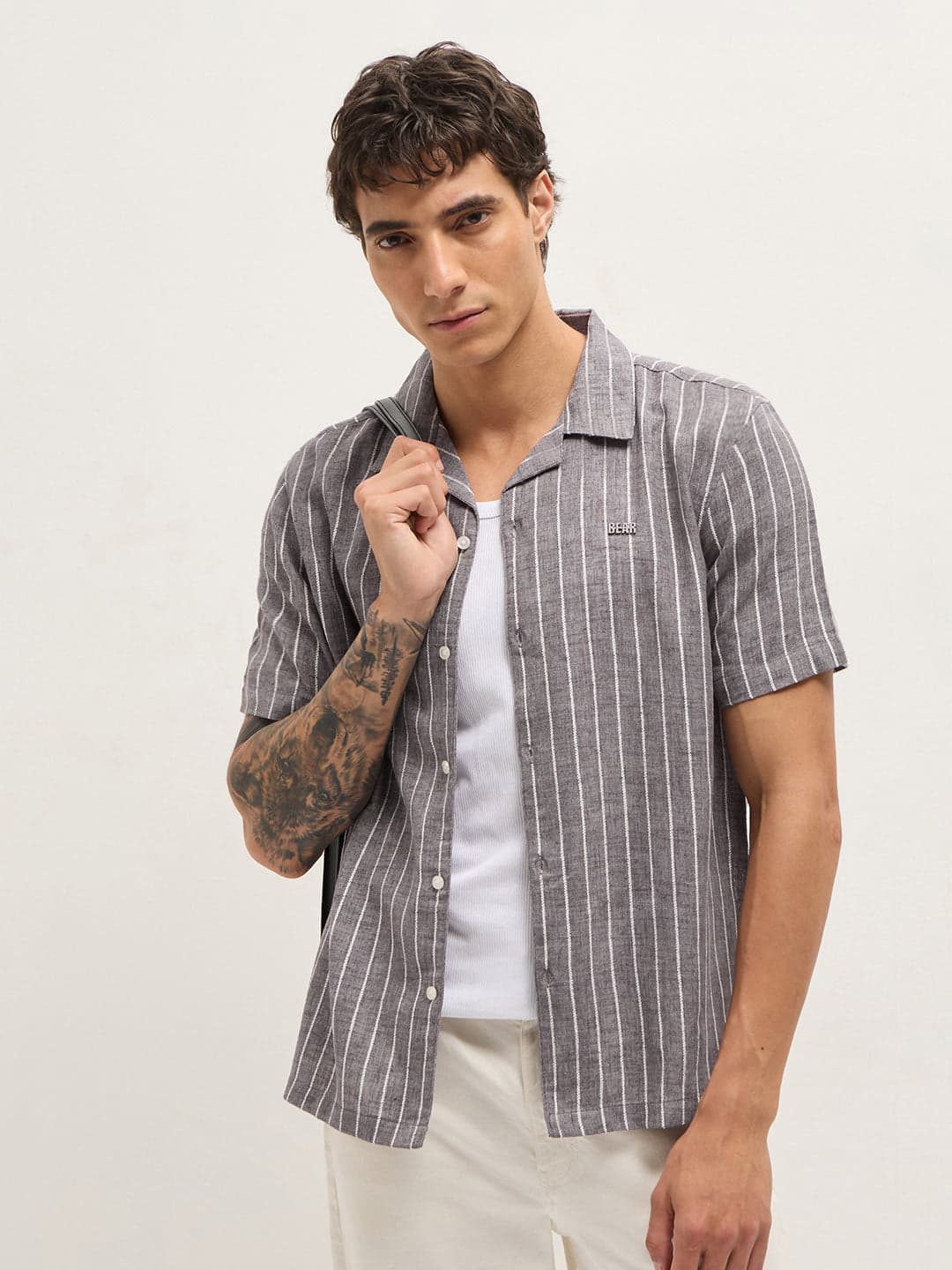 Men's Grey Linen Vertical Textured Stripe Relaxed Fit Half Sleeve Casual Shirt