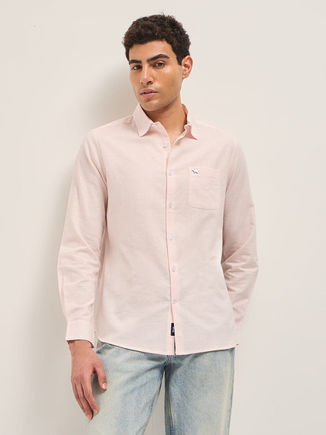 Men's Pink Cotton Linen Slim Fit Solid Casual Shirt