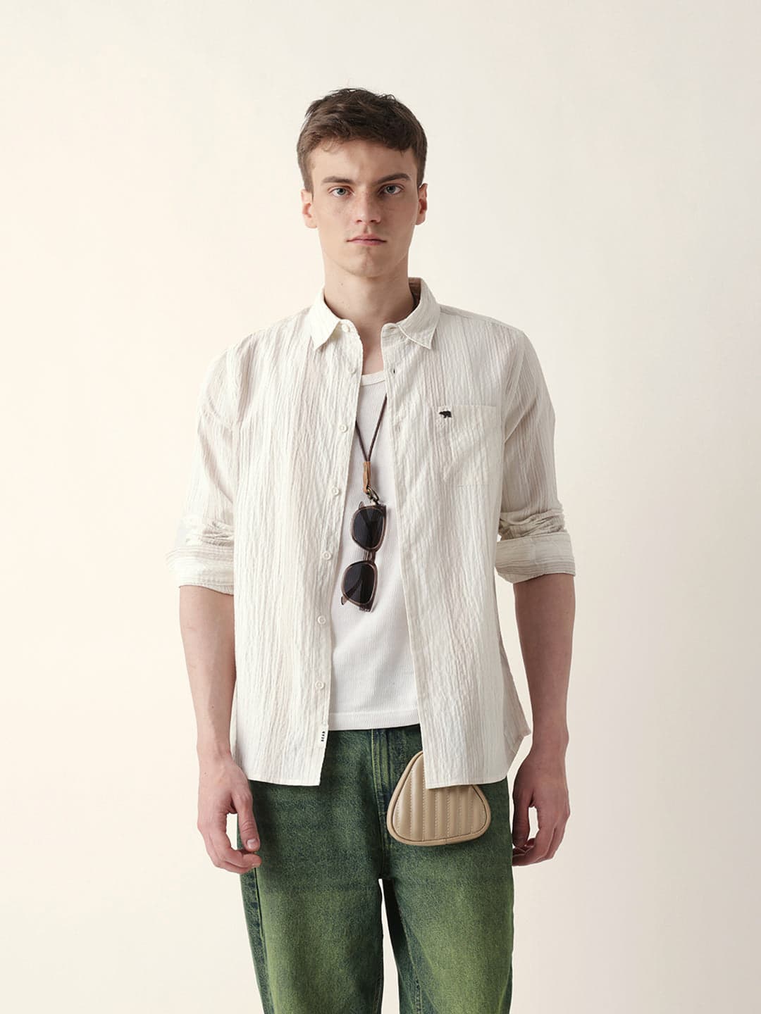 Men's White Crinkled Vertical Striped Slim Fit Casual Shirt